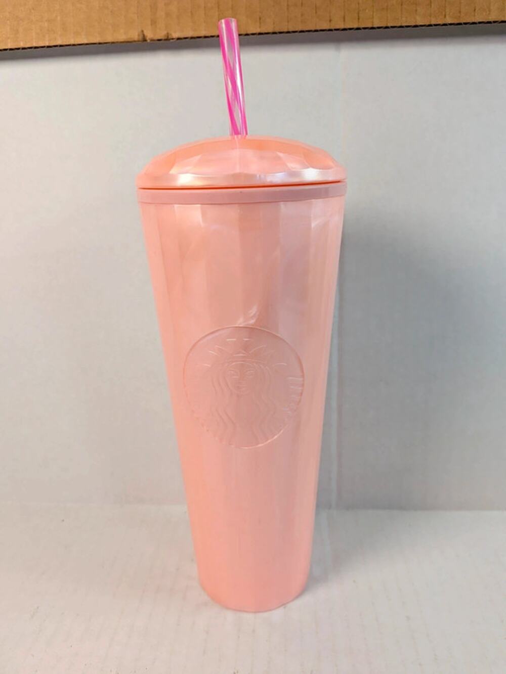 New Starbucks Pink Faceted Cold Cup Tumbler Embossed Siren Logo Lid Straw